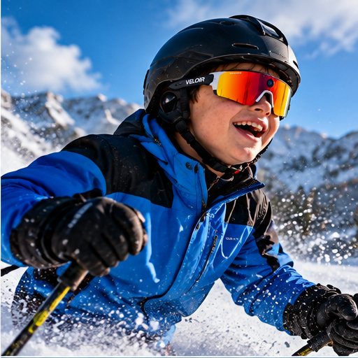 Escena de campaña VELOIR: niño sonriendo con esquís en la nieve